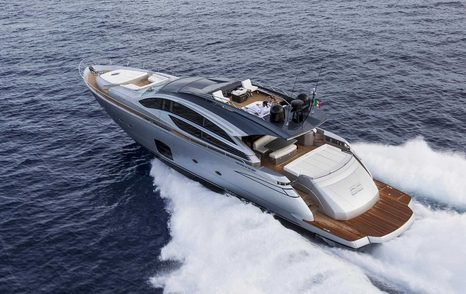 Tender boat moving at speed on sea, viewed diagonally from above