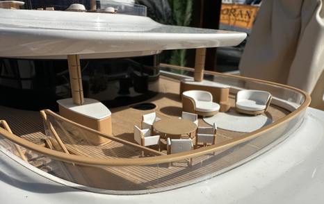 Close up of model superyacht Breakthrough aft deck