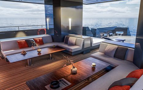 Rendering of 41M EXP Aegean Project Obsidean Blade explorer yacht aft deck with L-shaped seating 