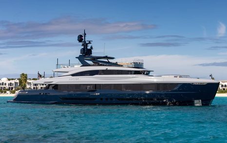 Mengi Yay Virtus 47M superyacht at anchor side view 