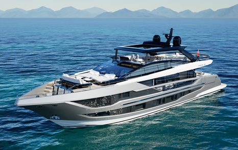 Pearl Yachts Pearl 100 Hybrid motor yacht at anchor bow view 