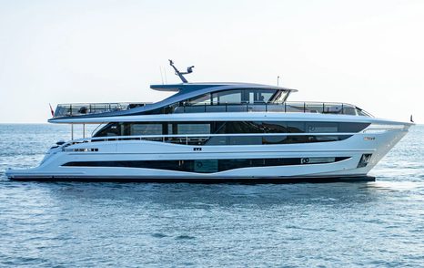 Princess X95 Vista motor yacht running shot, calm water, clear day, starboard side profile