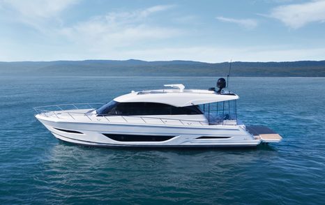 Rendering of Maritimo S55 motor yacht at anchor 