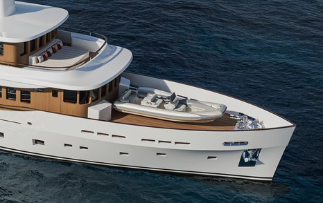 Rendering of Numarine 39MXPC foredeck with grey sunpads and tender storage 