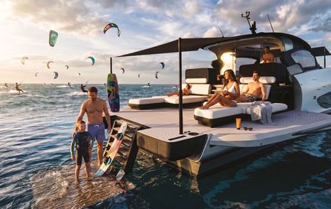 Rendering of family relaxing on aft deck of ICONA 70 motor yacht with deployed canopy