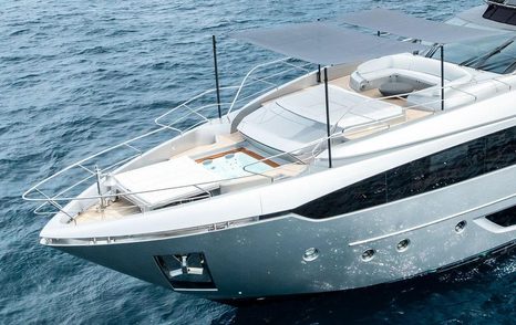 Riva motor yacht Riva Royale at anchor foredeck view 