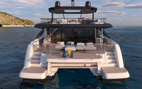 Prestige M8 Evo motor yacht at anchor view of aft deck 