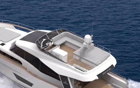 Close up of Greenline 50 Fly motor yacht flybridge with modular furniture 