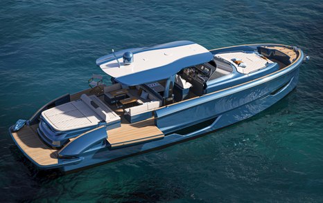 Solaris 52 Open in stunning light blue hull colour with white stripe across roof top in line with white sun pads fore and aft, stationary on calm water, side balconies open