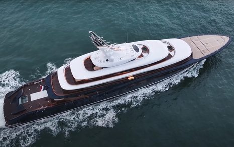 Aerial overhead view of superyacht BREAKTHROUGH running