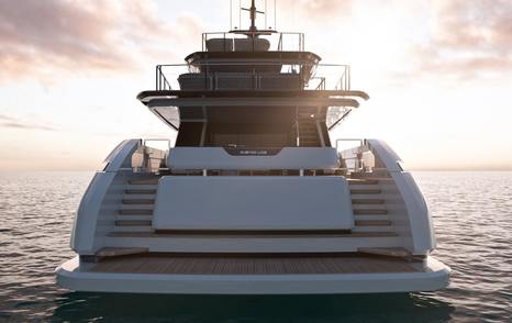Rendering of Custom Line Saetta 128' motor yacht stern