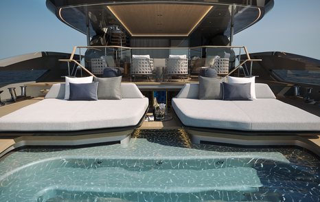 A render of Tankoa Yachts T520 Fenice's beach club, complete with its own pool