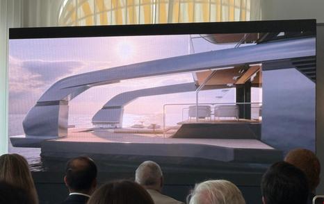 Rendering of Sanlorenzo SX136 motor yacht beach club at 2025 Cannes press conference