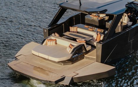Manari 52 yacht at anchor stern view 