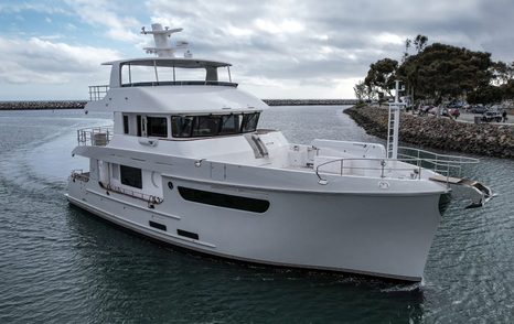 Nordhavn's N71 motor yacht underway bow view 