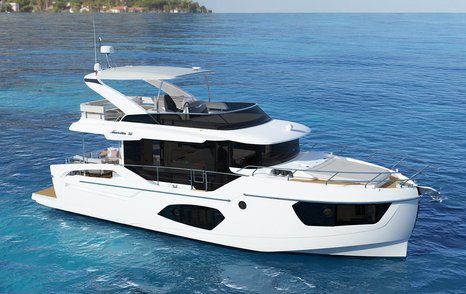 Absolute Navetta 50 motor yacht at anchor side view 
