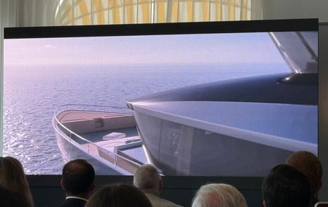 Rendering of Sanlorenzo SX136 motor yacht bow at 2025 Cannes press conference