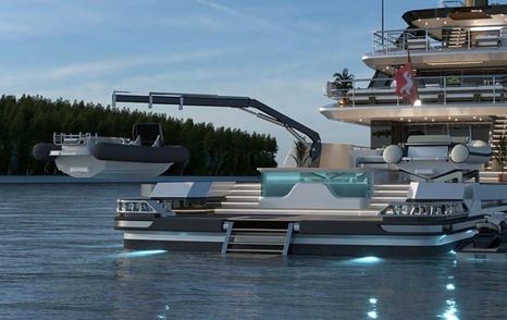 Rendering of Bering 165 Explorer Yacht aft tender deploying