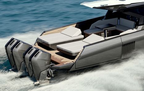 Rendering of Wally wallypower50X boat aft while under way with sunpads 