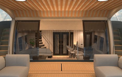 Rendering of St-Barth 85 Fly motor yacht main saloon glass sliding doors 