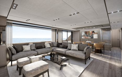 Spacious interiors on Ferretti 1000 Yachts with expansive glass windows and comfortable seating