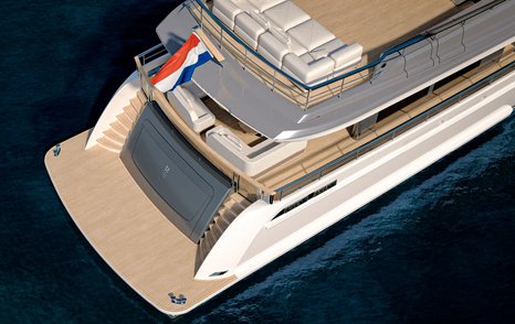 Rendering of Mulder 122 Superyacht stern with upper aft deck seating 