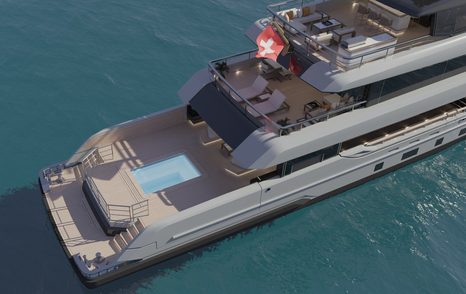 Rendering of Bearing 130 Superyacht stern with infinity pool