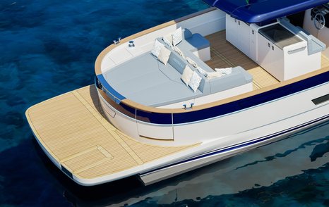 Rendering of Apreamare Gozzo 42 boat aft with extended platform and U-shaped grey seating and sunpads 