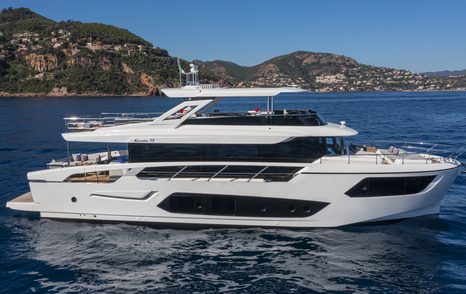 Absolute Navetta 75 motor yacht at anchor side view 