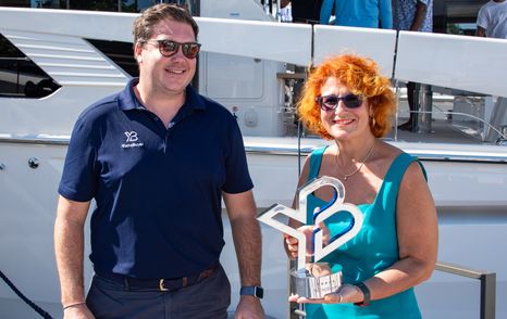 Jack Haines at the YB Hall of Fame trophy handover for the Absolute Navetta 64 yacht at the 2025 FLIBS