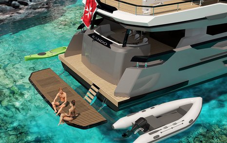 Rendering of AvA Yachts Kando85 Explorer Yacht V beach club with tender and hydraulic stern