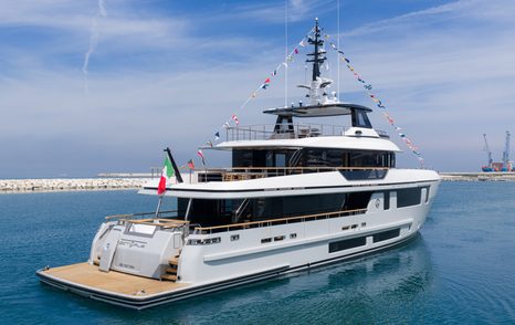 Cantiere delle Marche motor yacht Octopus at anchor stern view 