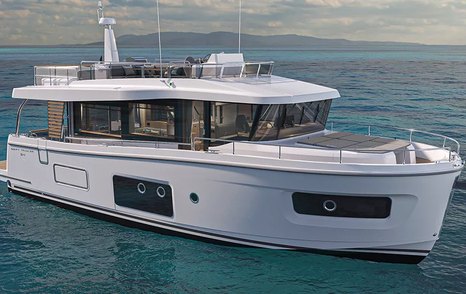 Beneteau Swift Trawler 54 render image, above water level image of starboard bow and side profile in calm waters