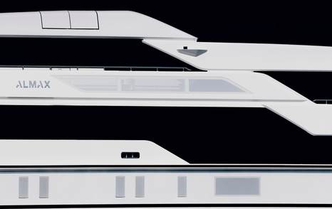 A zoomed in side shot of Sanlorenzo superyacht ALMAX's sleek lines 