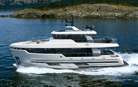 Bering 82 motor yacht underway side view 