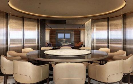 The formal dining room onboard can host 12 guests at a round table