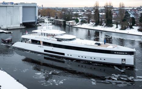 Feadship superyacht Graycliffs outside Feadship shipyard in snow 