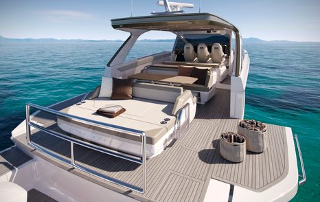 Rendering of Princess C48 motor yacht stern with large beige sunpad and fold down sides