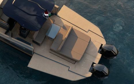 Rendering of Bellini Astor 38 OTB motor yacht stern with fold our terraces 