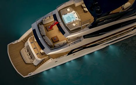 Rendering of Sunseeker 134 Superyacht stern at night with underwater lights 