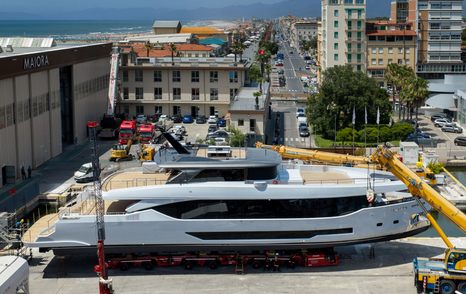 Second Maiora 36 Exuma superyacht next to crane before launch