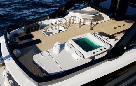 Rendering of Pearl 100 Hybrid Motor Yacht sundeck with jacuzzi and bar