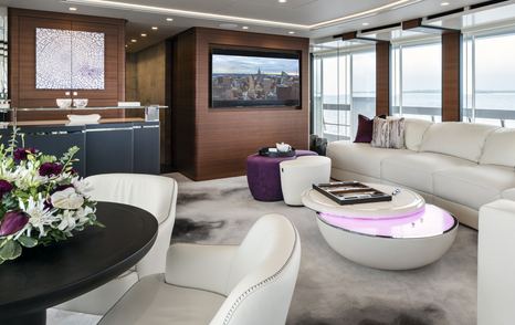 Superyacht ELA's salon features a custom interior