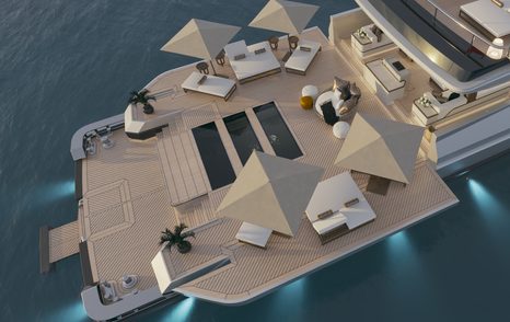Aerial Rendering of Bering 165 Explorer Yacht beach club 