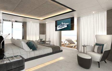 Owners cabin on Majesty 175 with bed facing TV and large glass doors