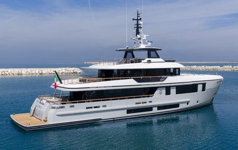 Cantiere delle Marche motor yacht Octopus at anchor side view 