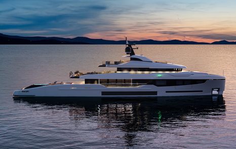 Rendering of Tankoa T500 Tethys superyacht at dusk 