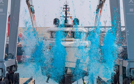 Columbus Atlantique 38M Superyacht Principessa Capricciosa at launch covered in blue confetti