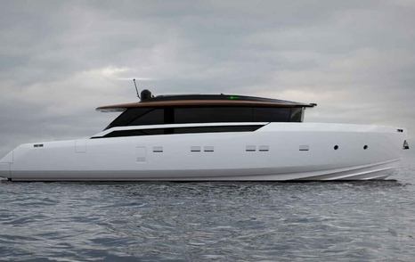 Sanlorenzo SP92 shown from water level full starboard side profile, calm sea grey day