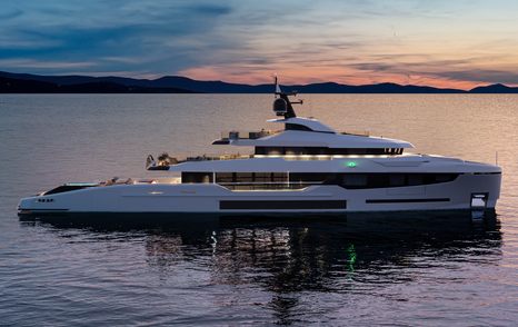 Tankoa T500 Tethys superyacht at anchor at dusk 